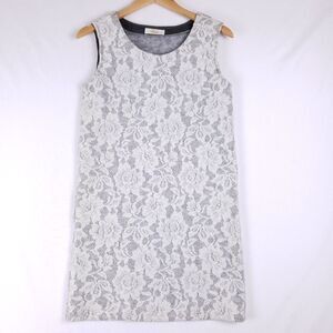 Real Lace Shift Dress Women Medium White Gray‎ Sleeveless Floral Overlay Casual